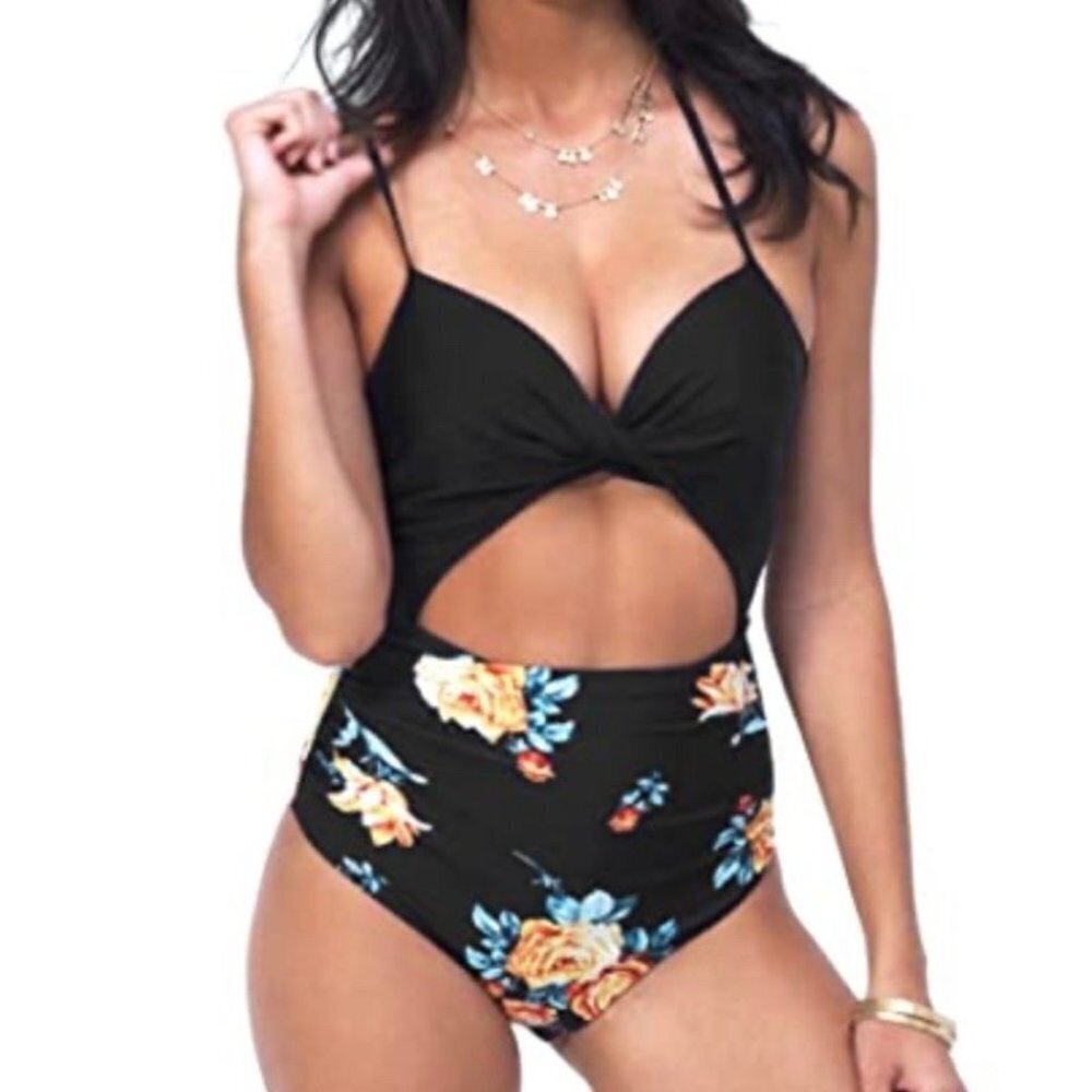 CUPSHE Women’s Black Floral Print Halter Cutout High Waist One Piece Swimsuit Sz